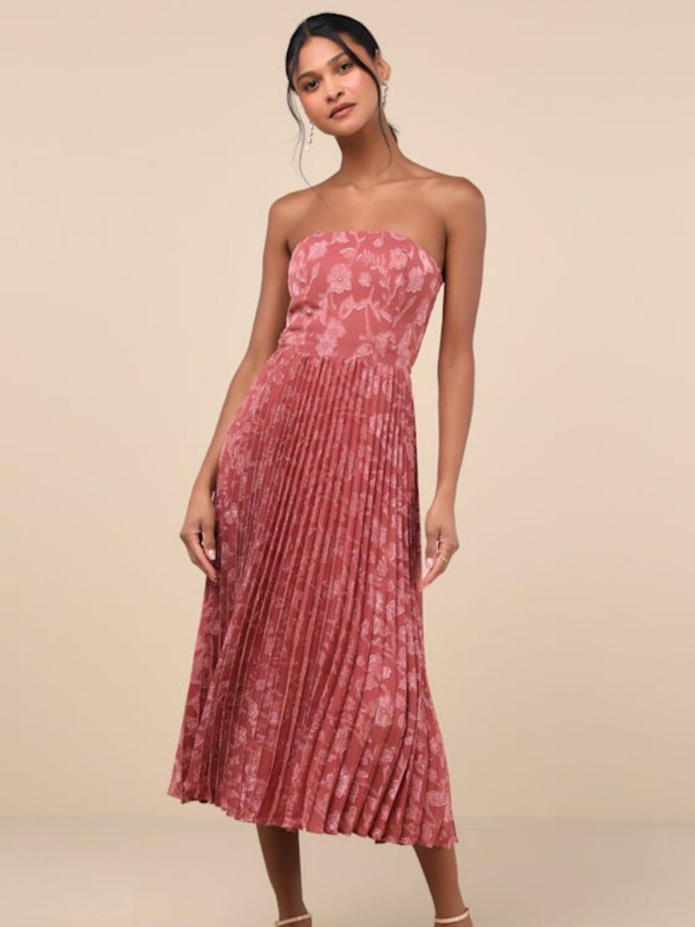 Lulus Perfectly Stunning Rusty Rose Jacquard Strapless Midi Dress Pink - Size L